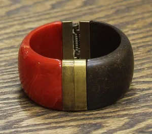 NEW Premier Design Faux Wood Spring Hinge Bangle Bracelet Red / Brown 2.5" thumbnail 1