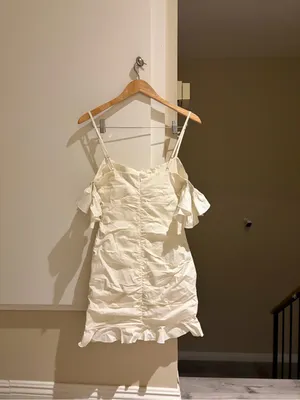 Oh Polly Cream ruched Ruffle Mini Dress with off the shoulder design thumbnail 3