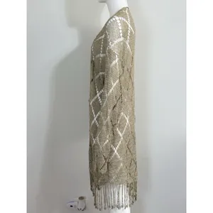 Womens Crochet Knit Cardigan Long Duster Metallic Beige Fringe Boho Cover Up L thumbnail 3