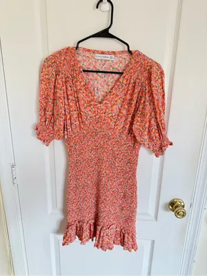 Faithfull the Brand Margherita Orange Floral Smocked Mini Dress thumbnail 4