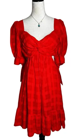 Cinq à Sept Red Puff Sleeve Babydoll Mini Dress M Mediterranean Vacation‎ Resort thumbnail 1