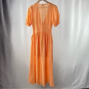 Sundress Deep V Eyelet Puff Sleeve Maxi Dress in Orange‎ Size Extra Small thumbnail 7