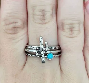 Saguaro Cactus and Turquoise Stacking Ring Set Size 8 Silver thumbnail 1