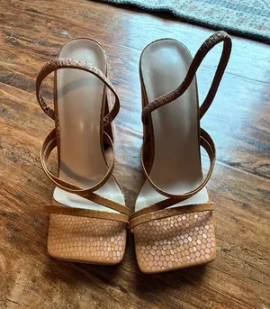 Tan Faux Snakeskin Square Toe Block Heel Sandals Size 36 thumbnail 1