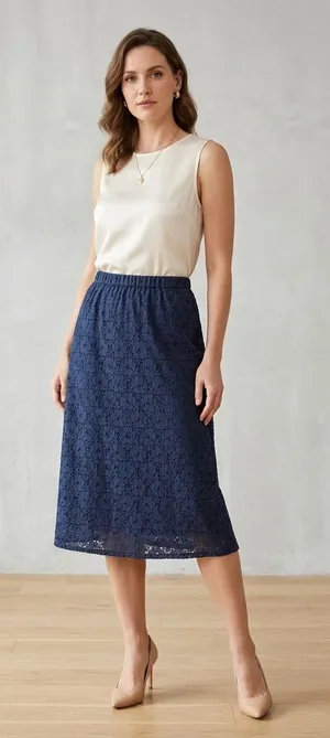 Old Navy Womens Size XL Lace Midi Skirt Arctic Depth Navy Blue Lined Boho Office thumbnail 1
