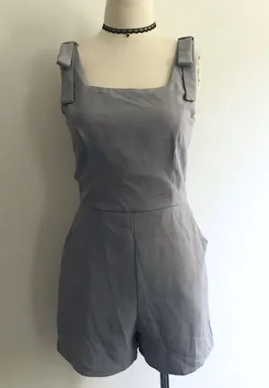 Bow Shoulder Pockets Formal Chic Romper Blue Size L thumbnail 1