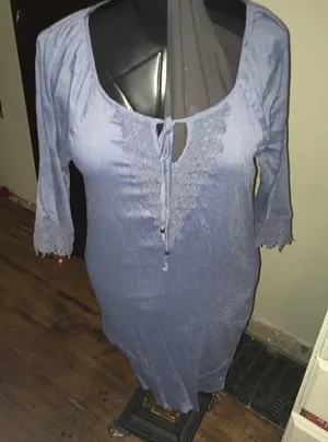Naïf embroidered tie neck flowy boho blue tunic thumbnail 1