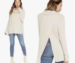 Free People Large Thermal Top Juicy Cowl Neck Split Back Long Sleeve Stone Cold thumbnail 2