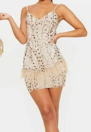 Prettylittlething Sequin Glitter Embellished Feather Trim Bodycon Dress thumbnail 1