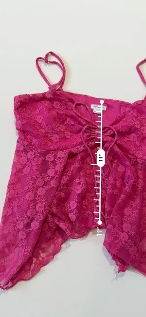 Kimchi Blue Y2K Cute Hot Pink Lace Floral Babydoll Fairy Asymmetrical Cami Top thumbnail 4