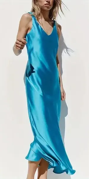 Zara Womens Midi Dress in Turquoise Satin thumbnail 1