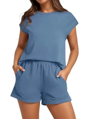 Women's Solid Regular Short Sleeves T-shirt & Solid Elastic Waist Shorts thumbnail 1