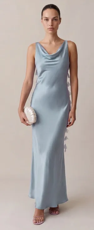 NWT Few Moda Ingrid Dress size Small S Light Blue silky ruffle maxi o.p.t cowl thumbnail 1
