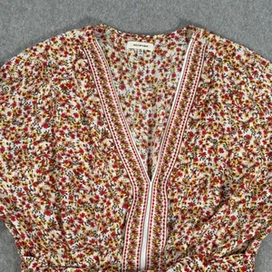 Max Studio Floral V-Neck Blouse Women's XL Yellow/Red Belted Ruffle Boho thumbnail 4
