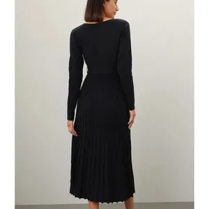 Area Stars Black Knit Midi Wrap Dress XS Pleated Fit Flare Career Designer $175 thumbnail 3