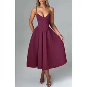 NWT Babyboo Mariella Midi Dress Cherry Lacquer Corset Fit & Flare Dress Size XS thumbnail 7