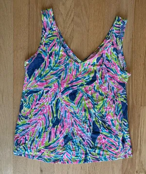 Lilly Pulitzer Pink Navy Green Abstract V-Neck Tank Top thumbnail 1