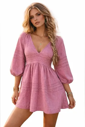 Mustard Seed Pink Boho Babydoll Mini Dress with V-Neck Size Small thumbnail 1