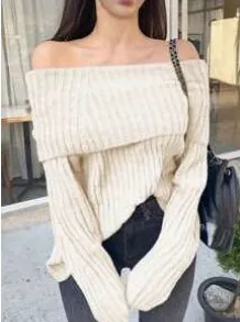 Shein Off-The-Shoulder Sweater White thumbnail 1