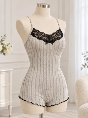 Khaki Gray Ribbed Lace Butterfly Back Lounge Romper NWT Size Small thumbnail 3