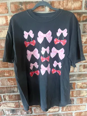 Comfort Colors Pepper Tee with Pink Bows and Red Cherry Graphics thumbnail 1