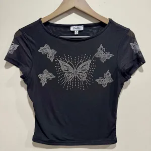 Faded Rose Black Sheer Mesh Rhinestone Butterfly Crop Top Tee Medium Y2K thumbnail 1