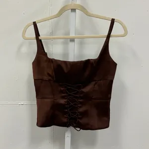 Oh Polly Chocolate Brown Satin‎ Lace Up Corset Top Square Neck US 4 Party Sexy thumbnail 2