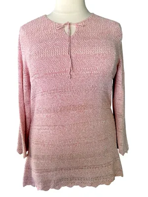 Denim & Company Light Pink Knit Tie-Neck Pointelle Sweater Size Large thumbnail 2