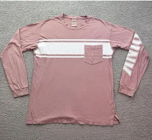 Victoria’s Secret PINK Long Sleeve Shirt Womens M Pink Stripe Logo Pocket Tee thumbnail 1
