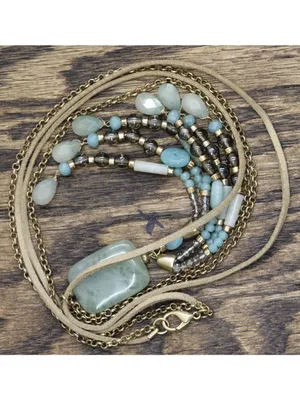 Tassel Pendant Necklace with Faux Leather Cord Tan Brown / Blue Multi 28" thumbnail 2