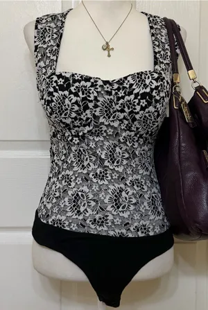 2000s style gothic whimsical bebe black & white floral lace bodysuit thumbnail 1