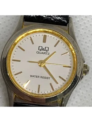Vintage Q&Q women’s watch 22mm gold tone black leather band up to 7” running thumbnail 3