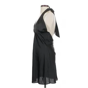 NIA Black Satin Plunge Halter Mini Dress Small Open Back Y2K Indie thumbnail 5