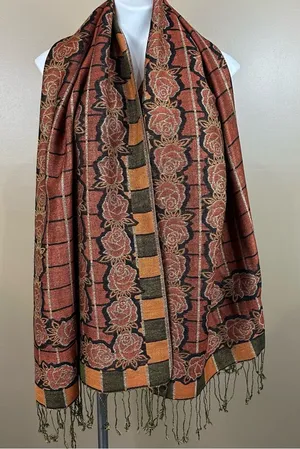 Pashmina & Silk Floral Patterned Scarf with Fringe Old Money Chic Classic thumbnail 1