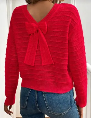 SheIn Women Casual Elegant Bowknot Decor Drop Shoulder Sweater thumbnail 1