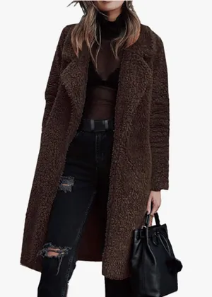Angashion Women's Brown Fuzzy Fleece Lapel Open Front Long Coat Faux Fur thumbnail 1