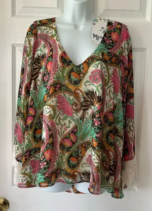 Show Me Your Mumu Mal Top Pink Green Paisley Womens Size Small Long‎ Sleeve NEW thumbnail 1
