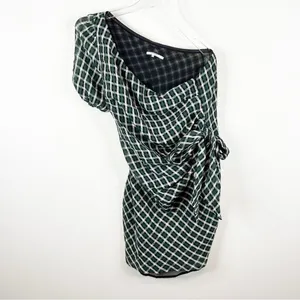Tularosa One Shoulder Mini Dress Women's Size M‎ Green Plaid Wedding Guest thumbnail 2