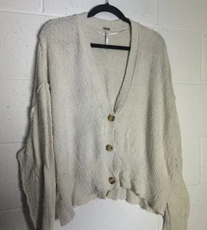 Free People Ivory Textured V-Neck Oversized Button Front Cardigan Sweater Medium thumbnail 1