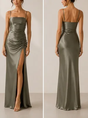 Shona Joy La Lune Olive Satin Ruched High Slit Formal Maxi Dress Gown thumbnail 12