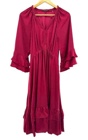 Kobi Halperin Bryant Ruffle Trim Midi Dress Red Boho‎ Satin Tiered Size Small thumbnail 1