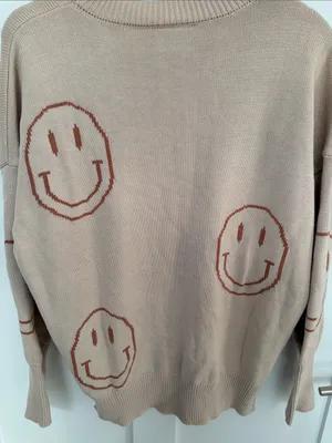 Neutral Beige Smiley Crewneck Sweater Tan Size M thumbnail 6