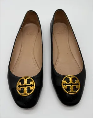 Tory Burch Claire Ballet Flats Womens 8.5M Black Gold Medallion Logo thumbnail 1