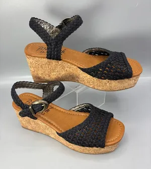 Blowfish Malibu Aric Sandals Women 8M Black Cork Sole Wedge Heel Square Toe thumbnail 1