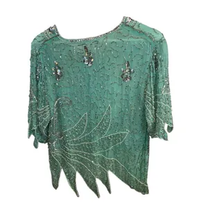 Handmade Vintage 90s Beaded Sequin Seagreen Fairycore Asymmetrical Hem Formal blouse thumbnail 12