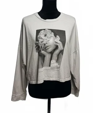 The Long Sleeve Chop Graphic Tee Grey Portrait Floral Art Streetwear Size Large thumbnail 1