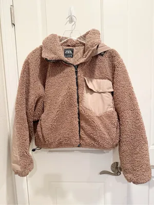 ZARA Sherpa Contrast Hooded‎ Bomber Jacket size Medium Teddy thumbnail 6