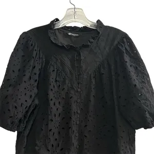 PrettyGarden‎ Women's Black Embroidered Blouse L Long Puff Sleeve thumbnail 3