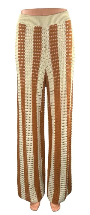 Solitaire Beige Tan Stripe Crochet Open Knit High Rise Wide Leg Trousers Pant XL thumbnail 1