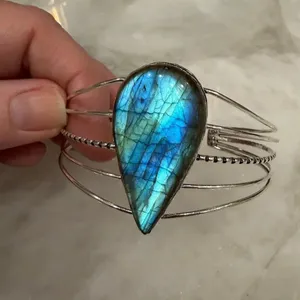 Large Labradorite Cuff Bracelet Silver Plated Blue Flash Adjustable thumbnail 6